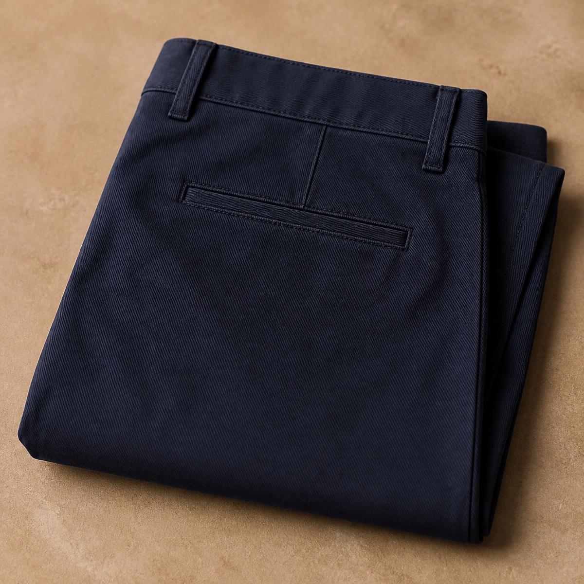 Calça masculina esporte fino de sarja azul-marinho dobrada com bolso traseiro simples