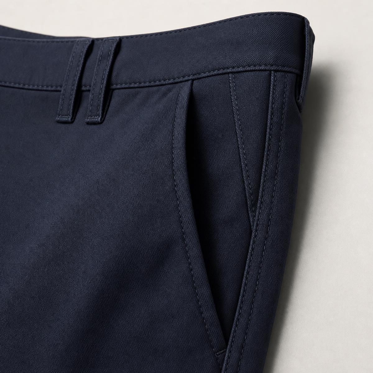 Costura dupla precisa na lateral de calça masculina esporte fino de sarja azul marinho